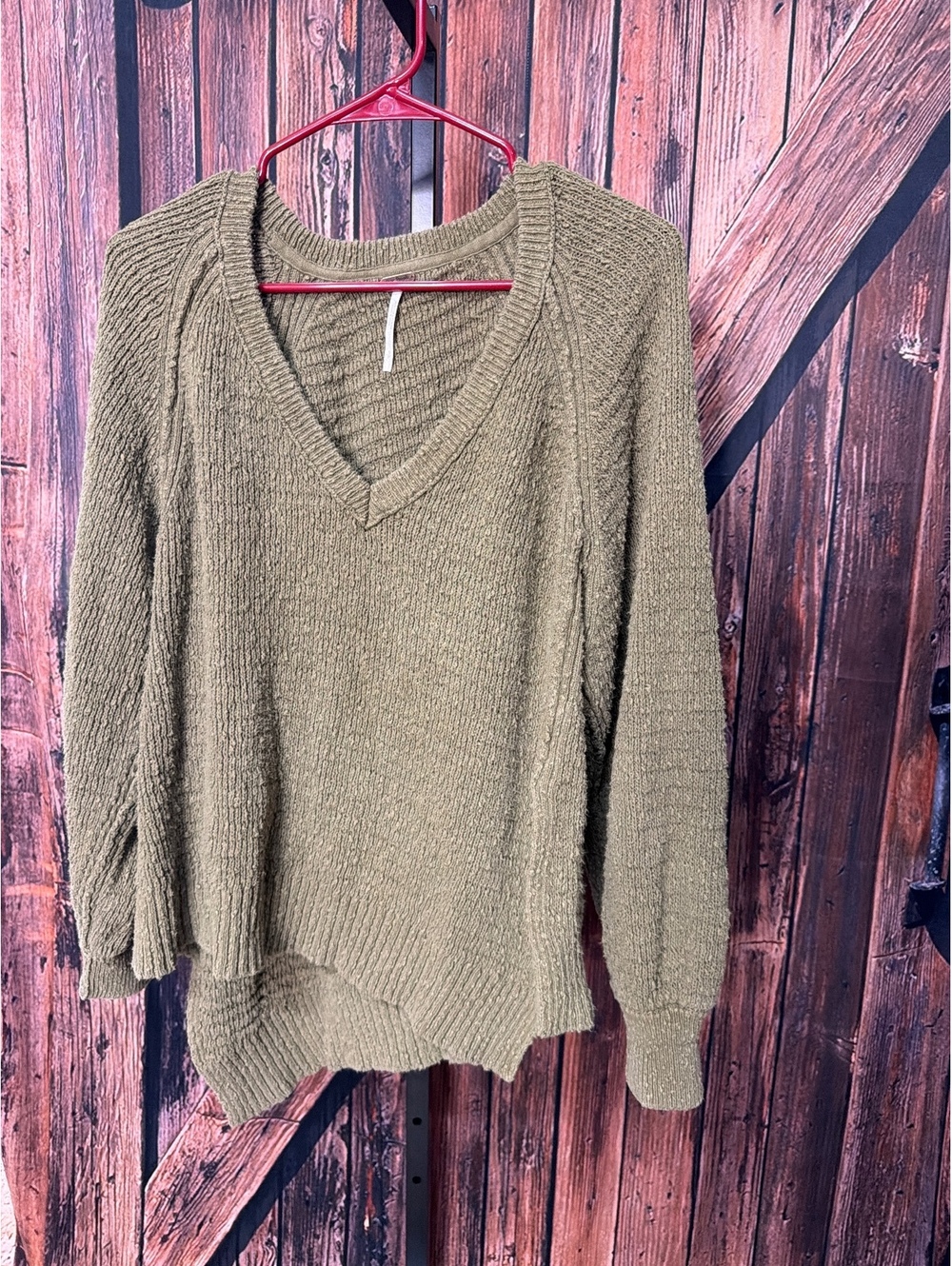 Free People Olive Green V-Neck Knit Sweater